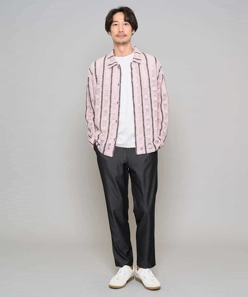 a.v.v（アーヴェヴェ）の「【洗濯機で洗える】透かしストライプ ワイドシルエットシャツ（シャツ/ブラウス・メンズ・ダークインディゴブルー/ピンク・48/46）」の3枚目の写真