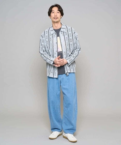 a.v.v（アーヴェヴェ）の「【洗濯機で洗える】透かしストライプ ワイドシルエットシャツ（シャツ/ブラウス・メンズ・ダークインディゴブルー/ピンク・48/46）」の8枚目の写真