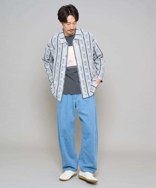 a.v.v（アーヴェヴェ）の「【洗濯機で洗える】透かしストライプ ワイドシルエットシャツ（シャツ/ブラウス・メンズ・ダークインディゴブルー/ピンク・48/46）」の9枚目の写真