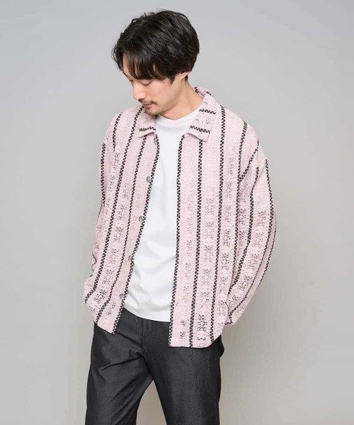 a.v.v（アーヴェヴェ）の「【洗濯機で洗える】透かしストライプ ワイドシルエットシャツ（シャツ/ブラウス・メンズ・ダークインディゴブルー/ピンク・48/46）」の11枚目の写真