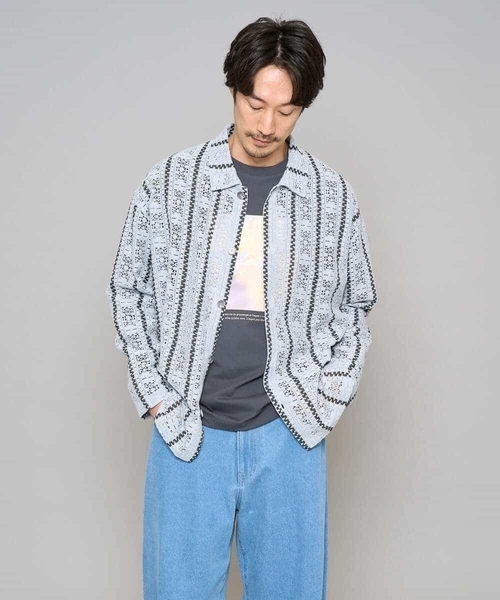 a.v.v（アーヴェヴェ）の「【洗濯機で洗える】透かしストライプ ワイドシルエットシャツ（シャツ/ブラウス・メンズ・ダークインディゴブルー/ピンク・48/46）」の13枚目の写真