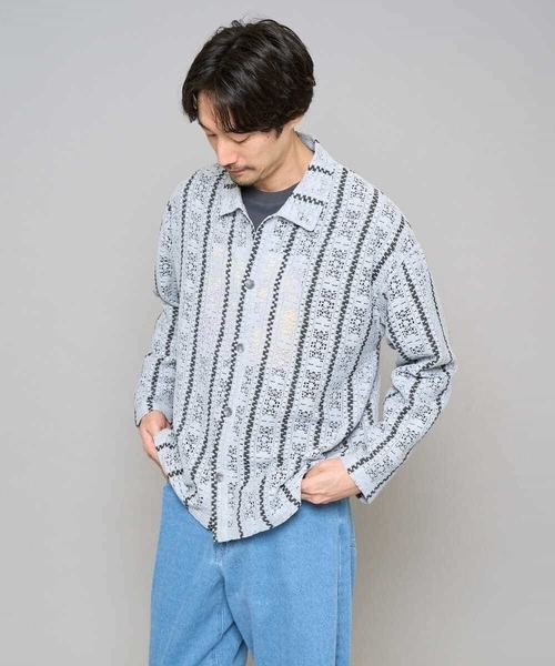 a.v.v（アーヴェヴェ）の「【洗濯機で洗える】透かしストライプ ワイドシルエットシャツ（シャツ/ブラウス・メンズ・ダークインディゴブルー/ピンク・48/46）」の14枚目の写真