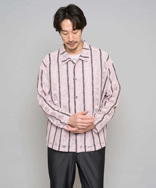 a.v.v（アーヴェヴェ）の「【洗濯機で洗える】透かしストライプ ワイドシルエットシャツ（シャツ/ブラウス・メンズ・ダークインディゴブルー/ピンク・48/46）」の15枚目の写真