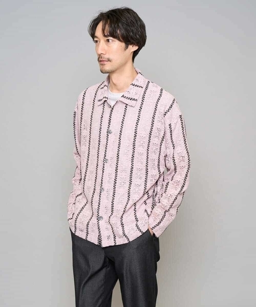 a.v.v（アーヴェヴェ）の「【洗濯機で洗える】透かしストライプ ワイドシルエットシャツ（シャツ/ブラウス・メンズ・ダークインディゴブルー/ピンク・48/46）」の16枚目の写真