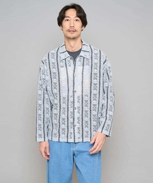 a.v.v（アーヴェヴェ）の「【洗濯機で洗える】透かしストライプ ワイドシルエットシャツ（シャツ/ブラウス・メンズ・ダークインディゴブルー/ピンク・48/46）」の19枚目の写真