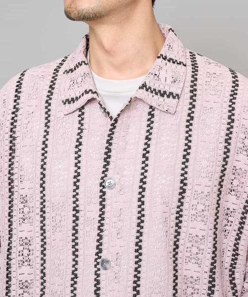 a.v.v（アーヴェヴェ）の「【洗濯機で洗える】透かしストライプ ワイドシルエットシャツ（シャツ/ブラウス・メンズ・ダークインディゴブルー/ピンク・48/46）」の22枚目の写真