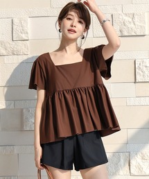 TeddyShop | 【3点セット/大きいサイズ有】旬の上下バイカラー配色。半袖スクエアネックペプラム風ブラ一体型トップス+ショーツ+ショートパンツ レディース水着(水着)