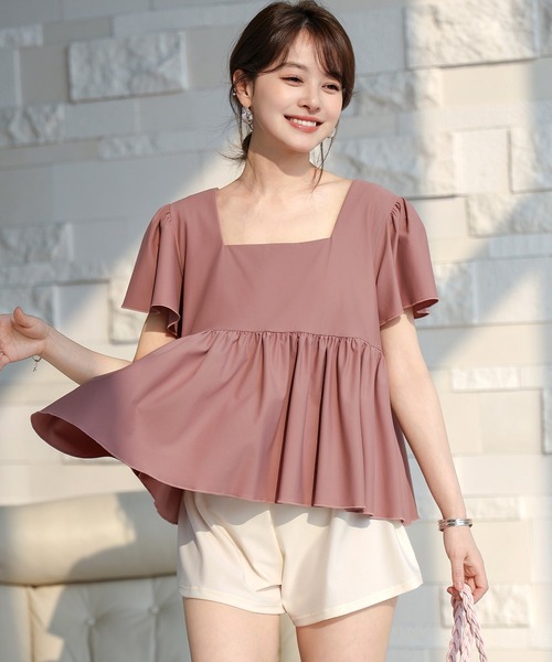 TeddyShop（テディショップ）の「【3点セット/大きいサイズ有】旬の上下バイカラー配色。半袖スクエアネックペプラム風ブラ一体型トップス+ショーツ+ショートパンツ レディース水着（水着・レディース・ピンク系その他/ブラウン系その他・LL/M）」の2枚目の写真