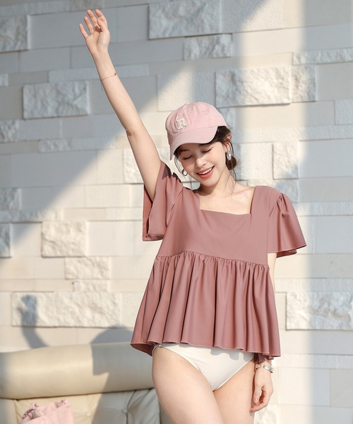 TeddyShop(テディショップ)の「【3点セット/大きいサイズ有】旬の上下バイカラー配色。半袖スクエアネックペプラム風ブラ一体型トップス+ショーツ+ショートパンツ レディース水着(水着・レディース・ピンク系その他/ブラウン系その他/ホワイト系その他/ベージュ系その他/グレイッシュベージュ・LL/M/S/L)」の18枚目の写真