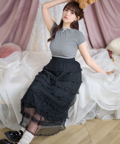 Anely(アネリー)の「シアー フリル ティアード ロング スカート(スカート・レディース・アイボリー/ブラック・FREE)」の4枚目の写真