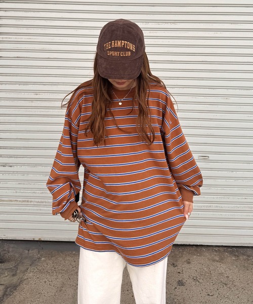 ISOOK(アイスー)の「マルチボーダーロングTシャツ(chiica select) / ロンT ボーダーT ビッグシルエット 長袖 クルーネック(Tシャツ/カットソー・レディース・キャメル/クリーム・FREE)」の1枚目の写真