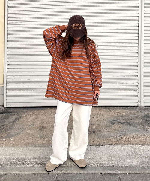 ISOOK(アイスー)の「マルチボーダーロングTシャツ(chiica select) / ロンT ボーダーT ビッグシルエット 長袖 クルーネック(Tシャツ/カットソー・レディース・キャメル/クリーム・FREE)」の3枚目の写真