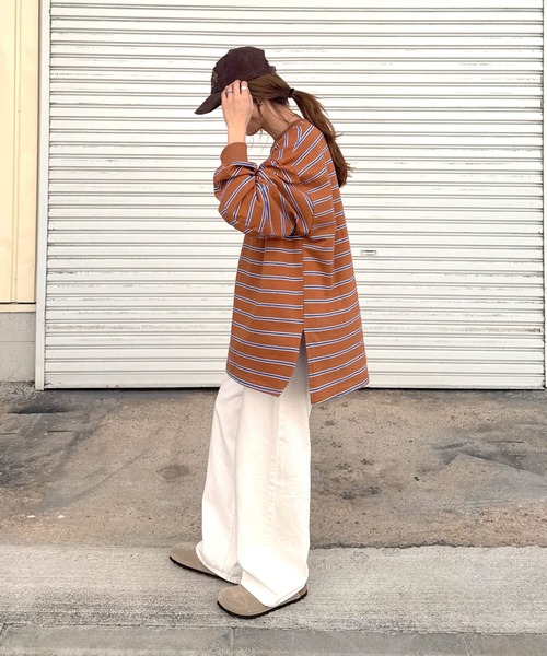 ISOOK(アイスー)の「マルチボーダーロングTシャツ(chiica select) / ロンT ボーダーT ビッグシルエット 長袖 クルーネック(Tシャツ/カットソー・レディース・キャメル/クリーム・FREE)」の4枚目の写真