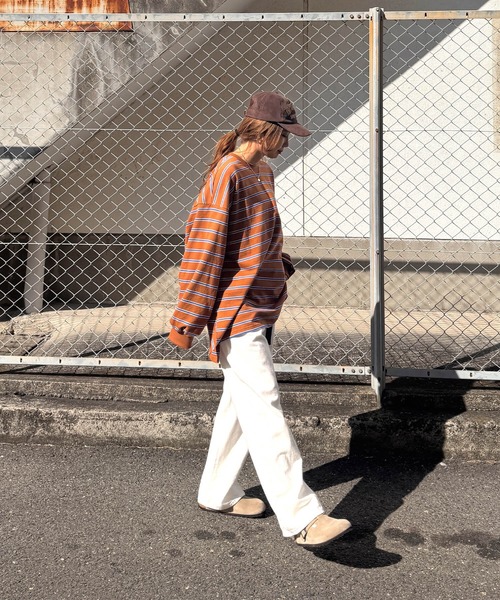 ISOOK(アイスー)の「マルチボーダーロングTシャツ(chiica select) / ロンT ボーダーT ビッグシルエット 長袖 クルーネック(Tシャツ/カットソー・レディース・キャメル/クリーム・FREE)」の6枚目の写真