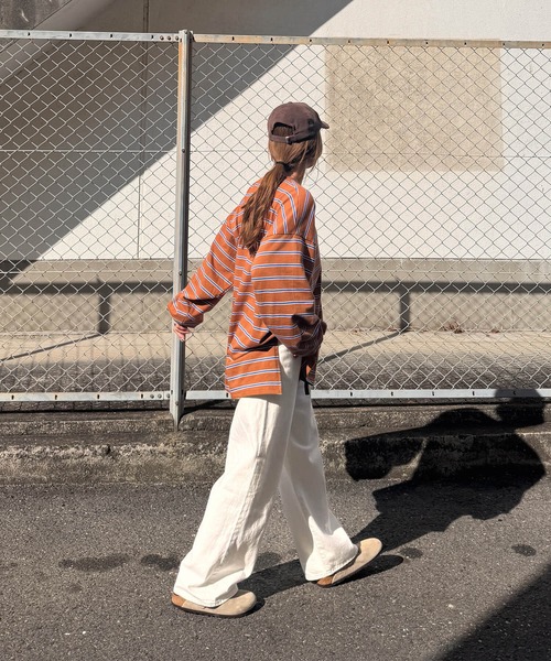 ISOOK(アイスー)の「マルチボーダーロングTシャツ(chiica select) / ロンT ボーダーT ビッグシルエット 長袖 クルーネック(Tシャツ/カットソー・レディース・キャメル/クリーム・FREE)」の7枚目の写真