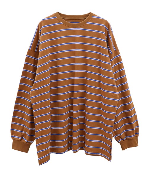 ISOOK(アイスー)の「マルチボーダーロングTシャツ(chiica select) / ロンT ボーダーT ビッグシルエット 長袖 クルーネック(Tシャツ/カットソー・レディース・キャメル/クリーム・FREE)」の8枚目の写真