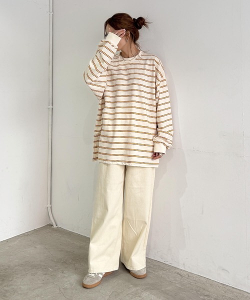 ISOOK(アイスー)の「マルチボーダーロングTシャツ(chiica select) / ロンT ボーダーT ビッグシルエット 長袖 クルーネック(Tシャツ/カットソー・レディース・キャメル/クリーム・FREE)」の10枚目の写真