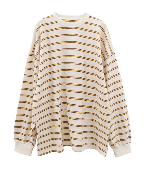 ISOOK(アイスー)の「マルチボーダーロングTシャツ(chiica select) / ロンT ボーダーT ビッグシルエット 長袖 クルーネック(Tシャツ/カットソー・レディース・キャメル/クリーム・FREE)」の9枚目の写真