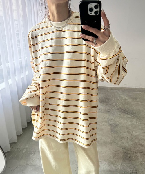 ISOOK(アイスー)の「マルチボーダーロングTシャツ(chiica select) / ロンT ボーダーT ビッグシルエット 長袖 クルーネック(Tシャツ/カットソー・レディース・キャメル/クリーム・FREE)」の12枚目の写真