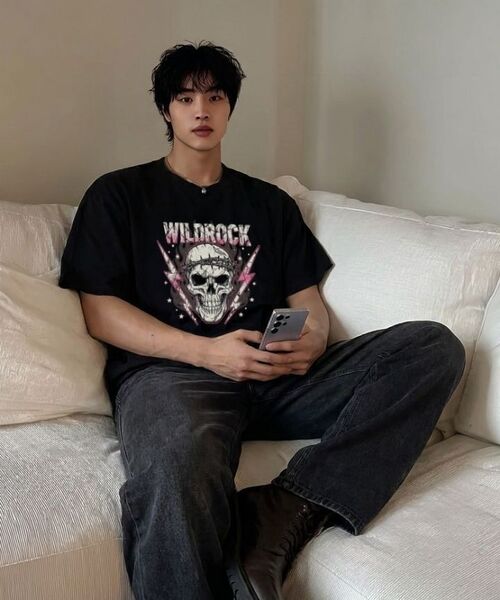 WILDROCK（ワイルドロック）の「サンダースカル クールコットンオーバーサイズ半袖Tシャツ（Tシャツ/カットソー・メンズ・ブラック/スカイブルー/ブルー/チャコール/ホワイト/ピンク・SMALL/MEDIUM/LARGE）」の7枚目の写真