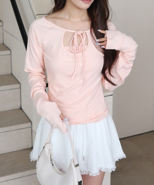 JilLA(ジルア)の「Roundout Ribbed Top / ラウンドカットリブトップス(シャツ/ブラウス・レディース・ブラック/サーモンピンク・FREE)」の1枚目の写真