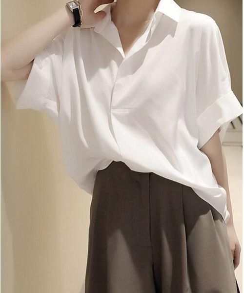 mielu（ミエル）の「スキッパー半袖ブラウス（シャツ/ブラウス・レディース・ホワイト/ベージュ/ブラック・LARGE/MEDIUM）」の12枚目の写真