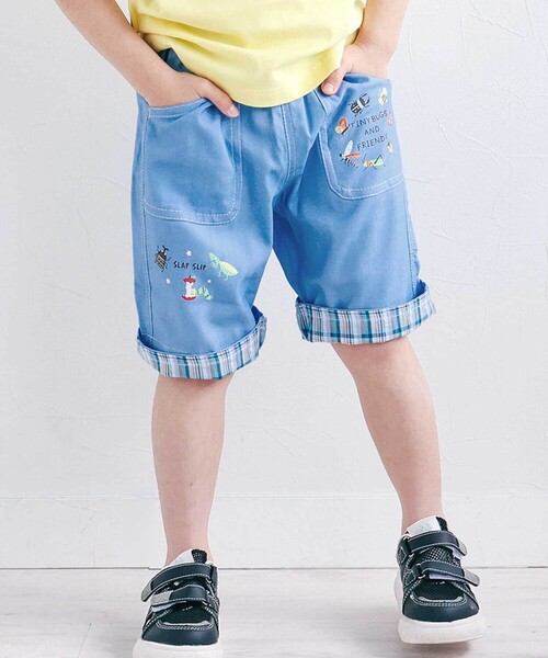 SLAP SLIP(スラップスリップ)の「裾チェック折り返し5.5分丈ストレッチパンツ(80~130cm)(その他パンツ・キッズ・ブルー/ベージュ・130cm/80cm/110cm/120cm/100cm/90cm)」の1枚目の写真
