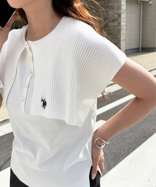 U.S. POLO ASSN.（ユーエスポロアッスン）の「【U.S. POLO ASSN.】着痩せ/体型カバー ワンポイント刺繍 レイヤードビッグカラーニット（ニット/セーター・レディース・ホワイト/ブラック/ブラウン・FREE）」の14枚目の写真