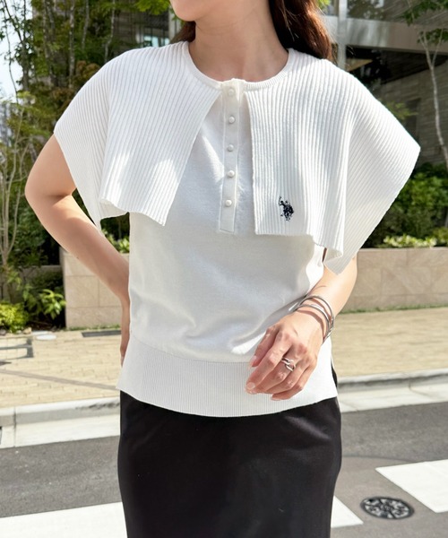 U.S. POLO ASSN.（ユーエスポロアッスン）の「【U.S. POLO ASSN.】着痩せ/体型カバー ワンポイント刺繍 レイヤードビッグカラーニット（ニット/セーター・レディース・ホワイト/ブラック/ブラウン・FREE）」の17枚目の写真