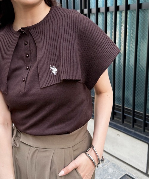 U.S. POLO ASSN.（ユーエスポロアッスン）の「【U.S. POLO ASSN.】着痩せ/体型カバー ワンポイント刺繍 レイヤードビッグカラーニット（ニット/セーター・レディース・ホワイト/ブラック/ブラウン・FREE）」の8枚目の写真