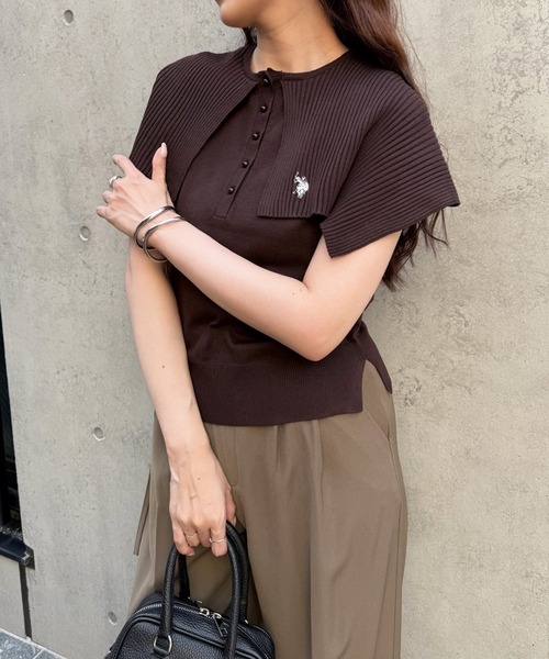 U.S. POLO ASSN.（ユーエスポロアッスン）の「【U.S. POLO ASSN.】着痩せ/体型カバー ワンポイント刺繍 レイヤードビッグカラーニット（ニット/セーター・レディース・ホワイト/ブラック/ブラウン・FREE）」の9枚目の写真
