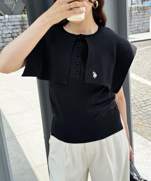 U.S. POLO ASSN.（ユーエスポロアッスン）の「【U.S. POLO ASSN.】着痩せ/体型カバー ワンポイント刺繍 レイヤードビッグカラーニット（ニット/セーター・レディース・ホワイト/ブラック/ブラウン・FREE）」の21枚目の写真