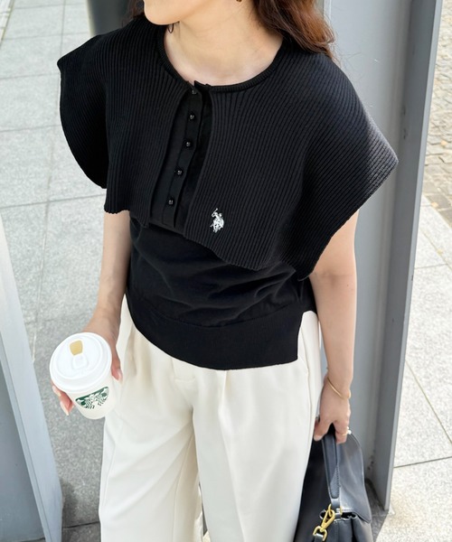 U.S. POLO ASSN.（ユーエスポロアッスン）の「【U.S. POLO ASSN.】着痩せ/体型カバー ワンポイント刺繍 レイヤードビッグカラーニット（ニット/セーター・レディース・ホワイト/ブラック/ブラウン・FREE）」の22枚目の写真