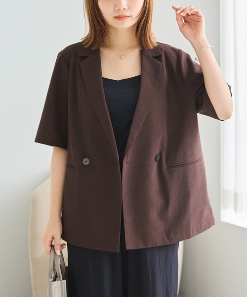 LAVEANGE(ラビアンジェ)の「【好機能シリーズ】UVカット・吸水速乾|エアリーリネン半袖ダブルジャケット(テーラードジャケット・レディース・ブラウン/ベージュ/ブラック・5L/4L/3L/LL/M)」の1枚目の写真