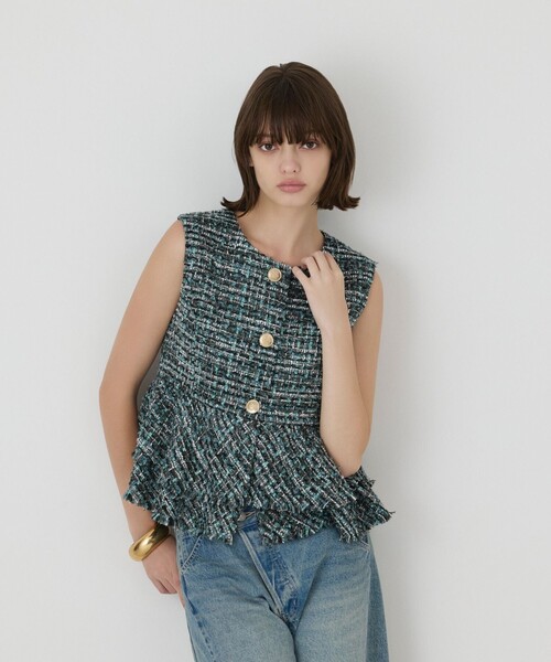 GRACE CONTINENTAL（グレースコンチネンタル）の「ペプラムツイードジレ（ベスト・レディース・グリーン/ラベンダー・38/36）」の15枚目の写真