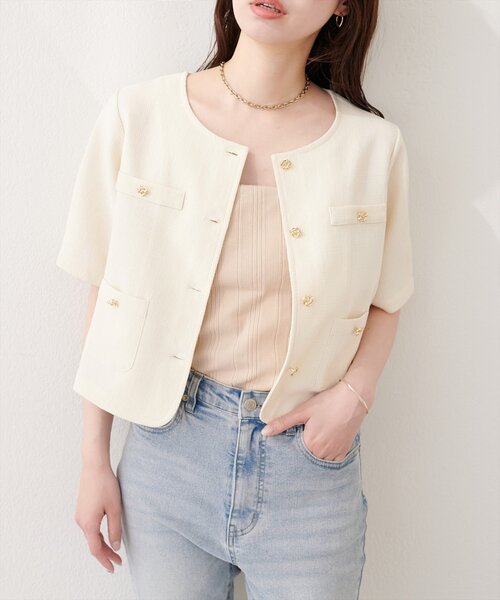 natural couture（ナチュラルクチュール）の「ツイード半袖ジャケット（ノーカラージャケット・レディース・オフホワイト/ネイビー/イエロー・FREE）」の17枚目の写真
