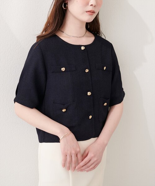 natural couture（ナチュラルクチュール）の「ツイード半袖ジャケット（ノーカラージャケット・レディース・オフホワイト/ネイビー/イエロー・FREE）」の21枚目の写真