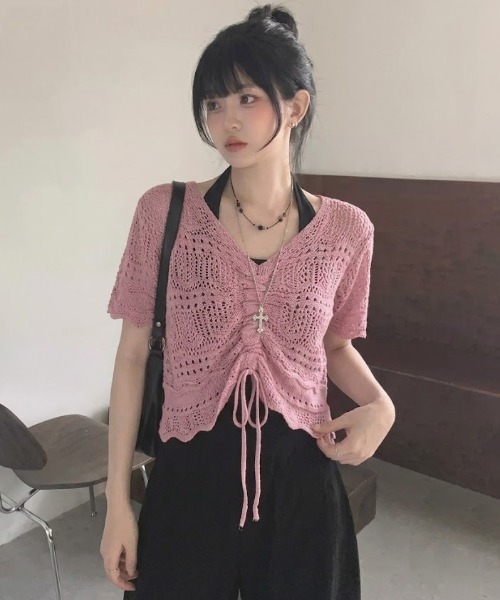 SHEPP(シープ)の「【日焼け/冷房対策】《5色展開》半袖透かし編みカラーシャーリングニット(カーディガン/ボレロ・レディース・ホワイト/ピンク/アイボリー/グリーン/ブラック・F)」の5枚目の写真