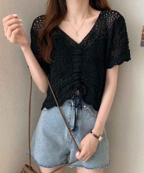 SHEPP(シープ)の「【日焼け/冷房対策】《5色展開》半袖透かし編みカラーシャーリングニット(カーディガン/ボレロ・レディース・ホワイト/ピンク/アイボリー/グリーン/ブラック・F)」の3枚目の写真