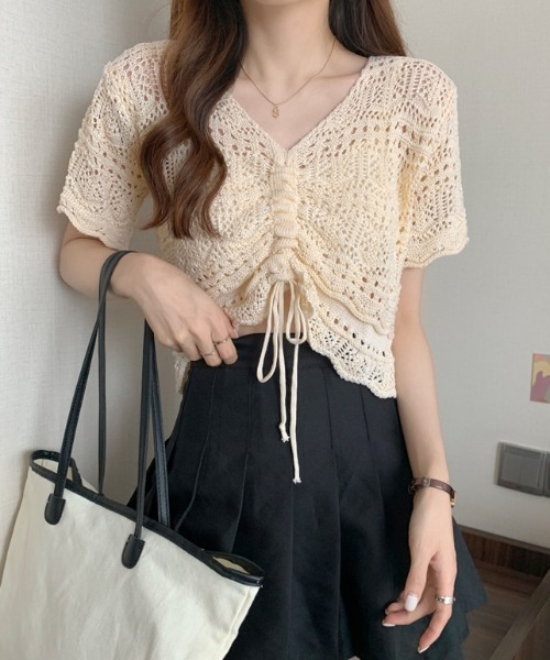SHEPP(シープ)の「【日焼け/冷房対策】《5色展開》半袖透かし編みカラーシャーリングニット(カーディガン/ボレロ・レディース・ホワイト/ピンク/アイボリー/グリーン/ブラック・F)」の15枚目の写真