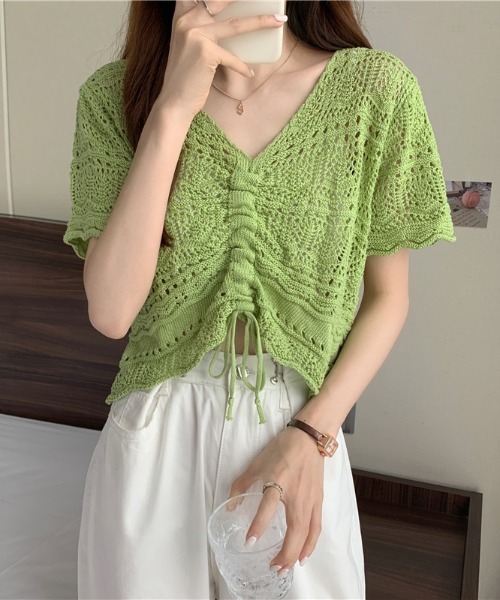 SHEPP(シープ)の「【日焼け/冷房対策】《5色展開》半袖透かし編みカラーシャーリングニット(カーディガン/ボレロ・レディース・ホワイト/ピンク/アイボリー/グリーン/ブラック・F)」の10枚目の写真