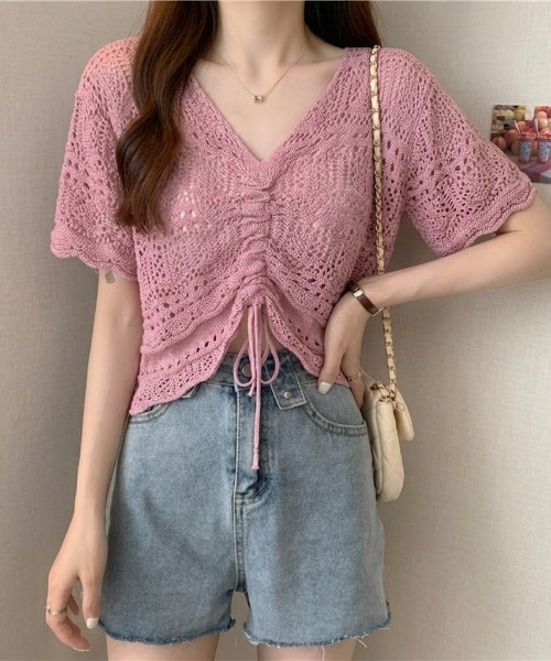 SHEPP(シープ)の「【日焼け/冷房対策】《5色展開》半袖透かし編みカラーシャーリングニット(カーディガン/ボレロ・レディース・ホワイト/ピンク/アイボリー/グリーン/ブラック・F)」の6枚目の写真