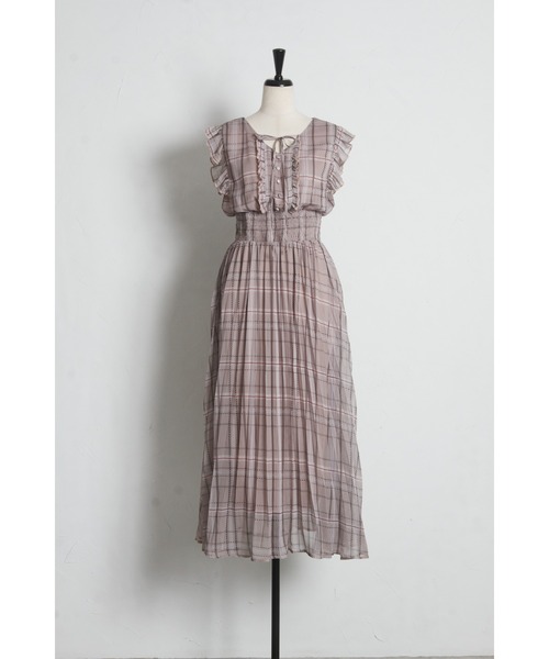 tocco closet(トッコ クローゼット)の「リボン&フリル付きウエストシャーリングチェックプリーツワンピース(ワンピース・レディース・ベージュ/ブルーグレー・M)」の11枚目の写真