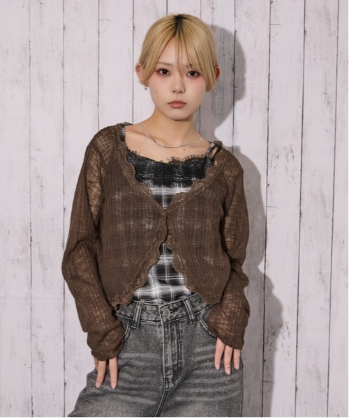 GORGE(ゴージ)の「《レース・透け感》リブシアーカーディガン/フェミニン×ナチュラル/春夏/全4色(カーディガン/ボレロ・レディース・ブラウン/オフホワイト/ボルドー/ブラック・F)」の3枚目の写真