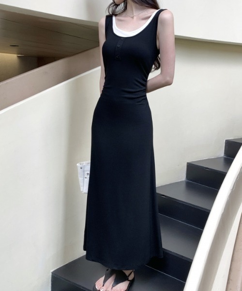 Vipoa(ヴィポア)の「Henley neck slim one piece(ワンピース・レディース・ブラック・FREE)」の3枚目の写真