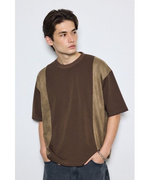 AZUL by moussy（アズールバイマウジー）の「異素材フェイクスエードトップス　半袖　夏服　秋服（Tシャツ/カットソー・メンズ・ブラウン/ブラック/ライトグレー・MEDIUM/LARGE）」の3枚目の写真