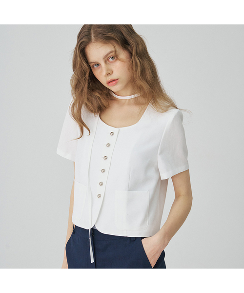 MERCIANNES（メルシアンエス）の「ノーカラーストラップクロップジャケット_MC5TJN4（テーラードジャケット・レディース・ネイビー/ホワイト・S/M/M/L）」の2枚目の写真