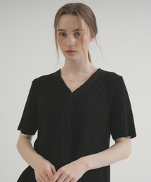 V-neck Shirring Button Knit Cardigan (Black)