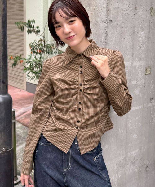ABYS（アビス）の「チェックシャーリングシャツ（シャツ/ブラウス・レディース・ネイビー/ブラウン/ブルー・FREE）」の2枚目の写真