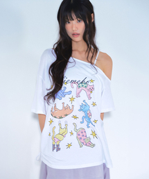 LIE MEQUE（リメーク）の「スターキャッツ アシンメトリーシャーリングTシャツ ホワイト（Tシャツ/カットソー）」